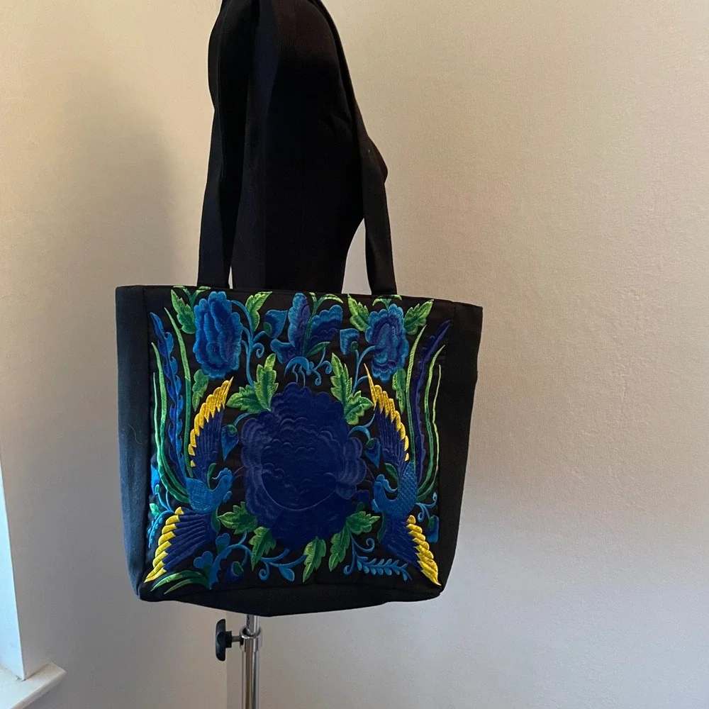 Handmade Mexican Floral Peacock Embroidered Canvas Tote Bag Black Blue Boho